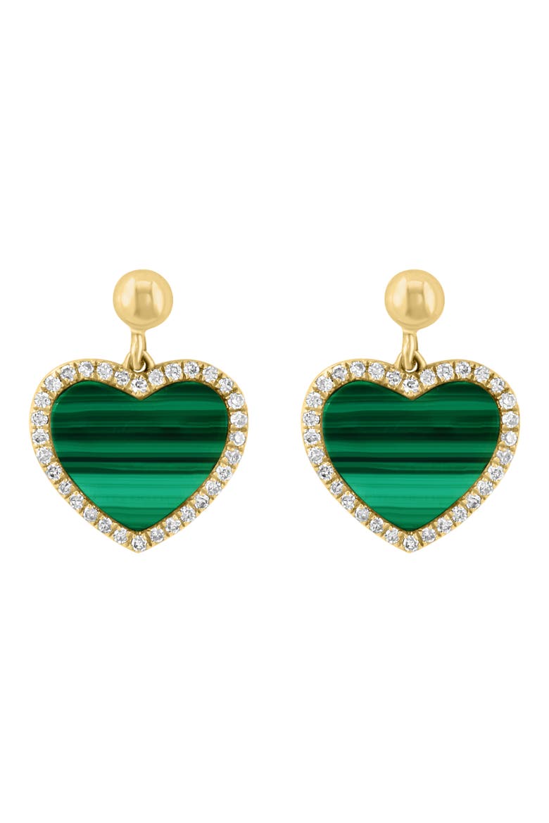 14K Yellow Gold, Malachite & Diamond Heart Earrings - 0.19 ctw, Main, color, GREEN