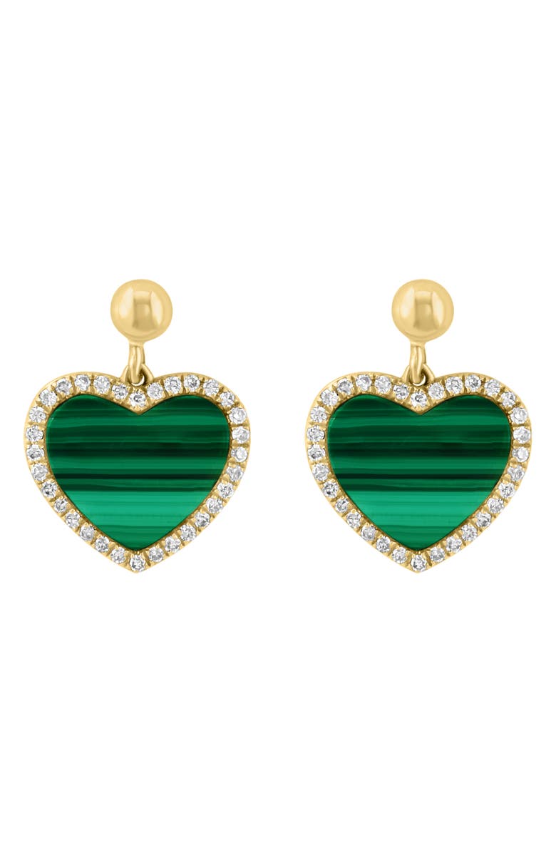 EFFY 14K Yellow Gold, Malachite & Diamond Heart Earrings - 0.19 ctw, Main, color, Green