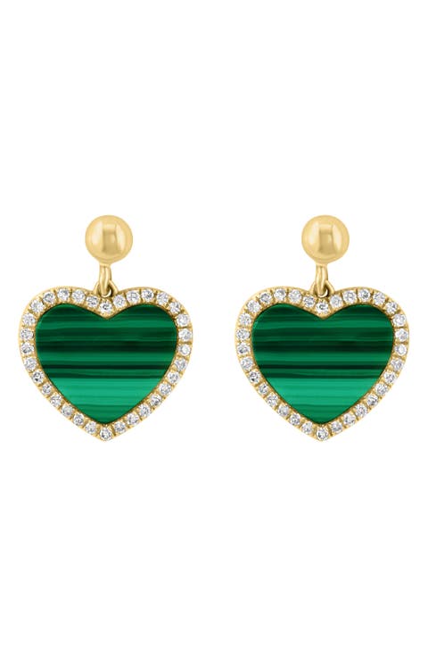 14K Yellow Gold, Malachite & Diamond Heart Earrings - 0.19 ctw