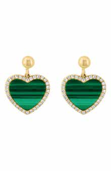 EFFY 14K Yellow Gold, Malachite & Diamond Heart Earrings - 0.19 ctw
