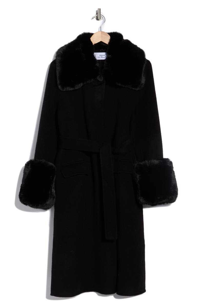 La Fiorentina Longline Wool Coat with Faux Fur Trim, Alternate, color, Black