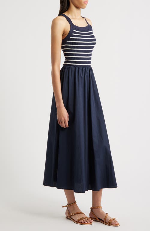 Moon River Stripe Bodice Mixed Media Midi Dress In Navy