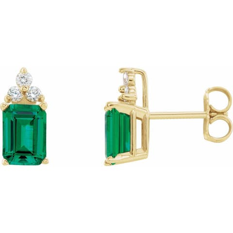 Lab-grown Emerald & 1/8 Ct Diamond Earrings In 14k Gold