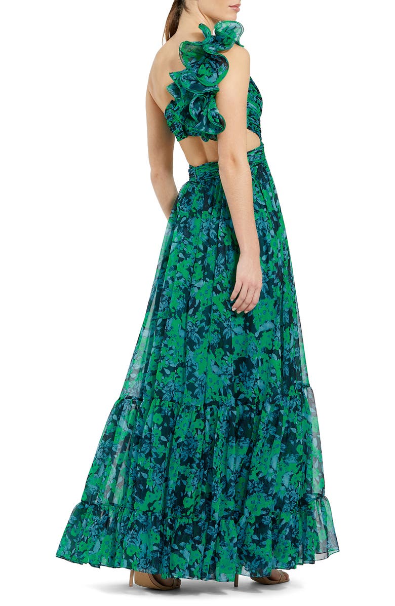 Mac Duggal One Shoulder Ruffle Tiered Cut-Out Floral Chiffon Gown, Alternate, color, Black Multi