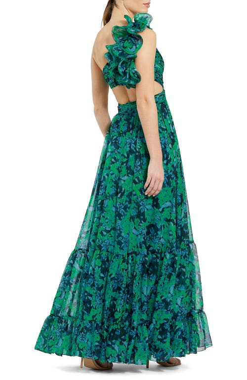 Mac Duggal Ruffle Ruched Floral Print One-shoulder Gown In Black Multi