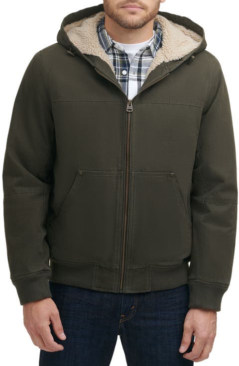 Workwear Cotton Canvas Faux Shearling Lined Hoodie Bomber Jacket