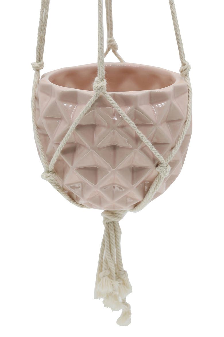 Pink Ceramic Macramé Hanging Planter, Alternate, color, PINK