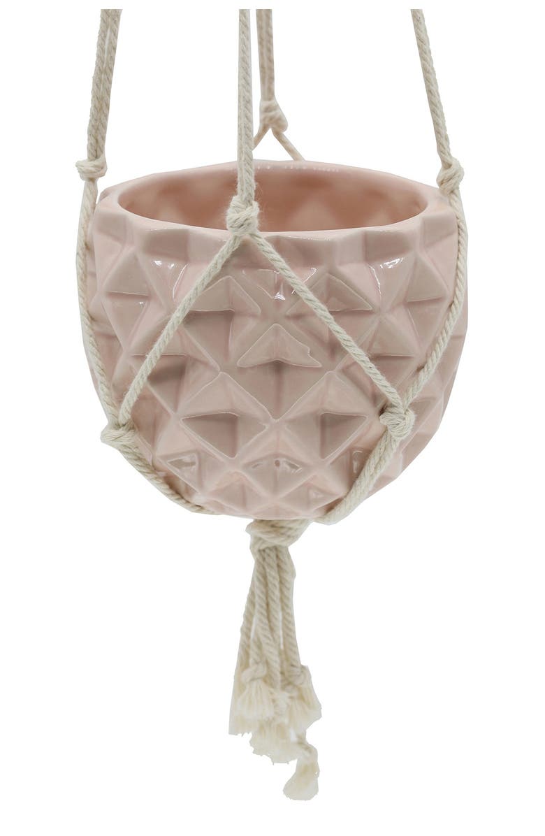 FLORA BUNDA Pink Ceramic Macramé Hanging Planter, Alternate, color, Pink