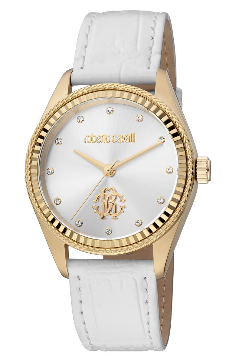 Roberto Cavalli Leather Strap Watch, 39mm, Main, color, White