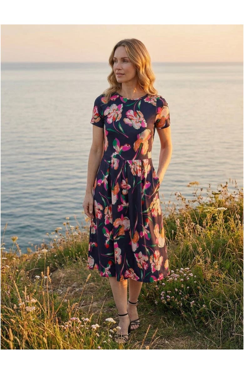 24seven Comfort Apparel Essential Petite Floral Print Short Sleeve Boat Neck Fit N Flare Pocket Midi Dress, Alternate, color, Navy Multi