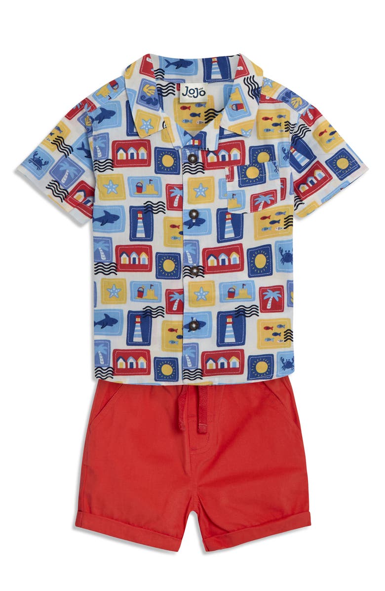 JOJO MAMAN BEBE Seaside Print Cotton Camp Shirt & Drawstring Shorts Set, Main, color, Red