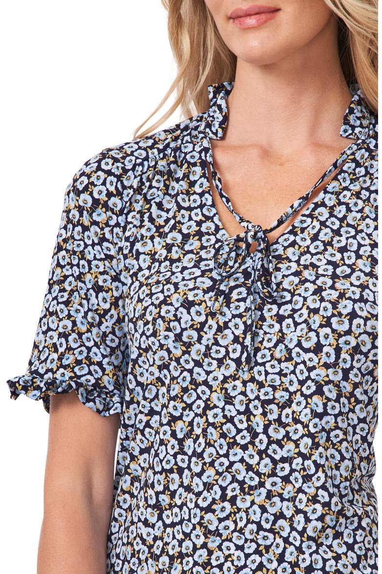 Floral Frill Sleeve Stretch Crepe Top, Alternate, color, BLUE/RICH BLACK
