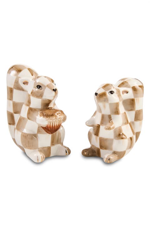 Mocha Check Squirrel Salt & Pepper Shakers