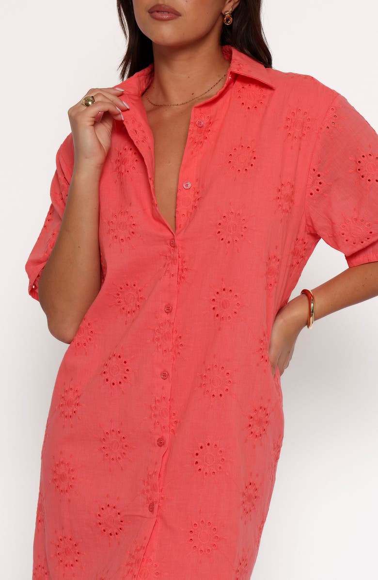 Petal & Pup Norah Embroidered Cotton Mini Shirtdress, Alternate, color, Coral