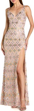 Mac Duggal Beaded Sweetheart Neck Column Gown With Slit