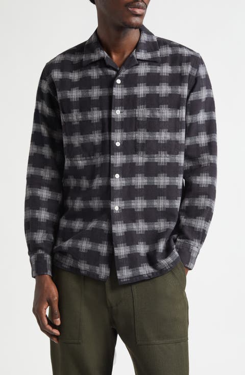 Open Collar Brushed Plaid Flannel Button-Up Shirt