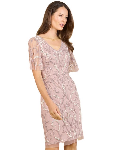 Beaded Short Dress with Cape Sleeves