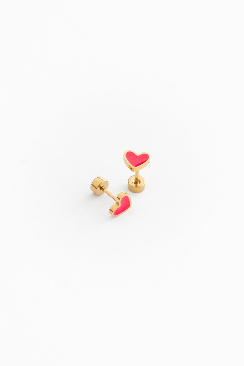 Girls' Enamel Heart Flatback Stud Hypoallergenic Earrings, Alternate, color, Hot Pink