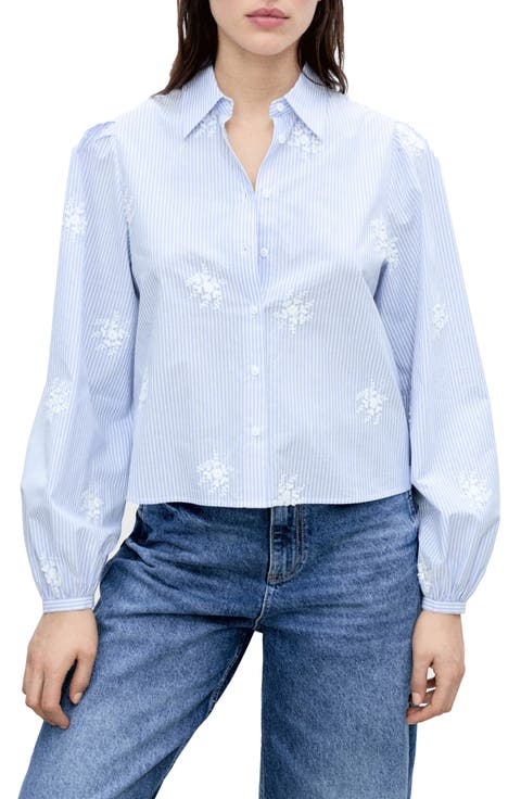 Flower Embroidered Stripe Shirt (Regular & Plus)