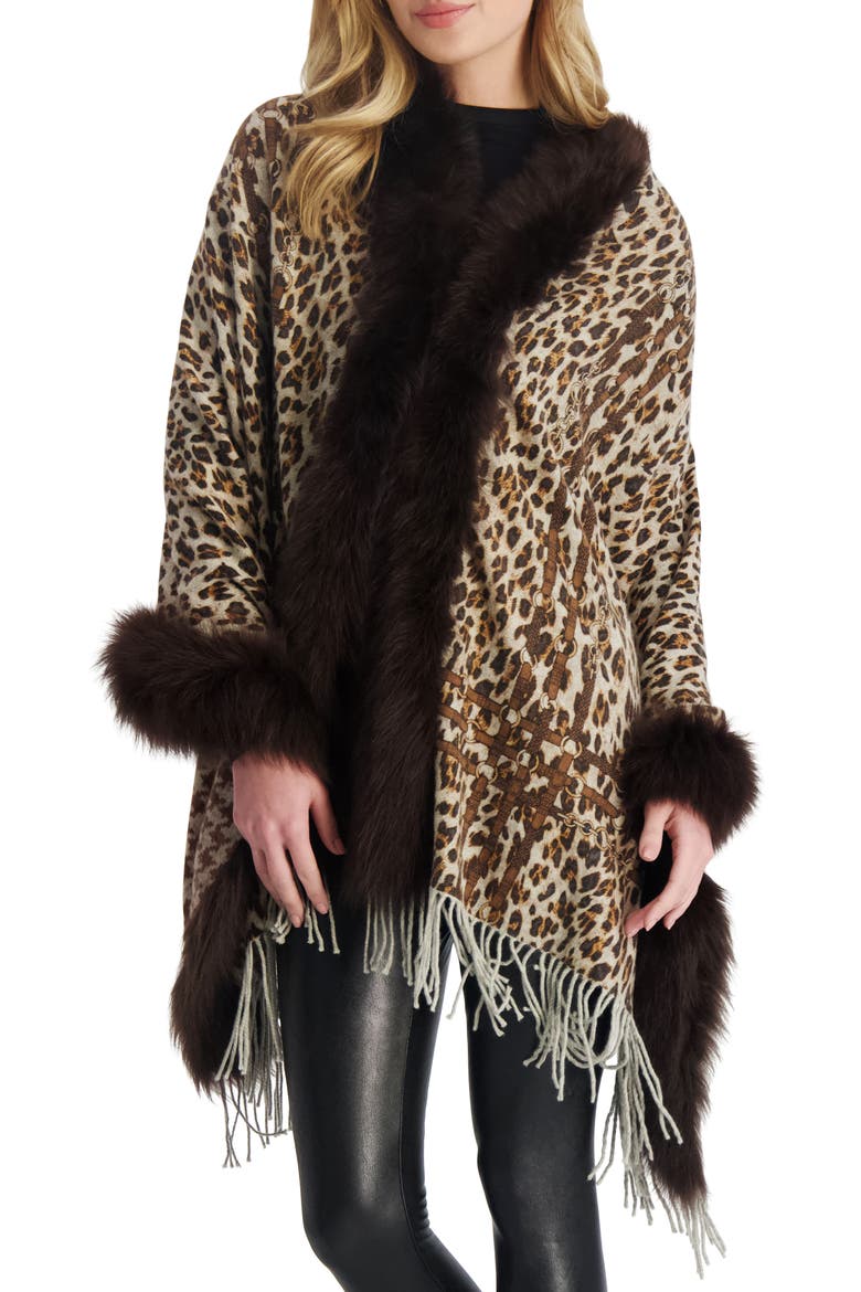Cashmere Stole With Genuine Shearling, Alternate, color, BROWN ANIMAL PRINT/HOUNDSOOTH