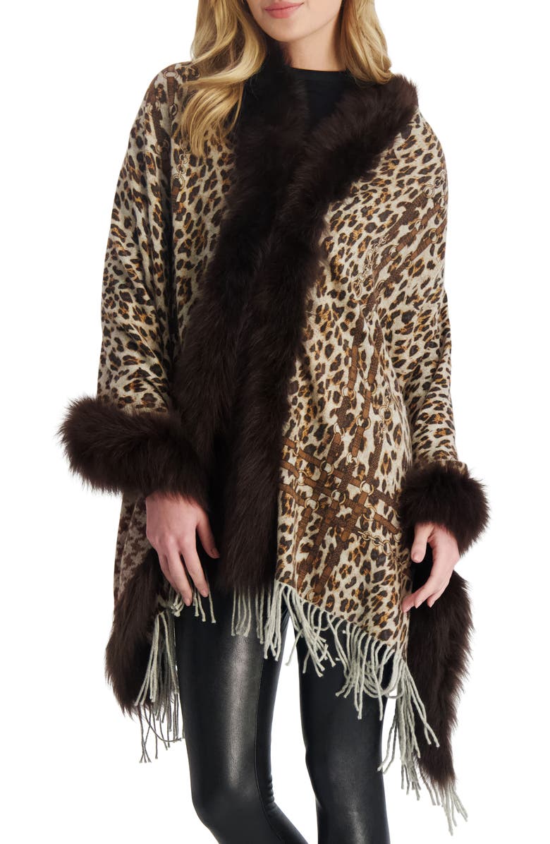 GORSKI Cashmere Stole With Genuine Shearling, Alternate, color, Brown Animal Print/Houndsooth