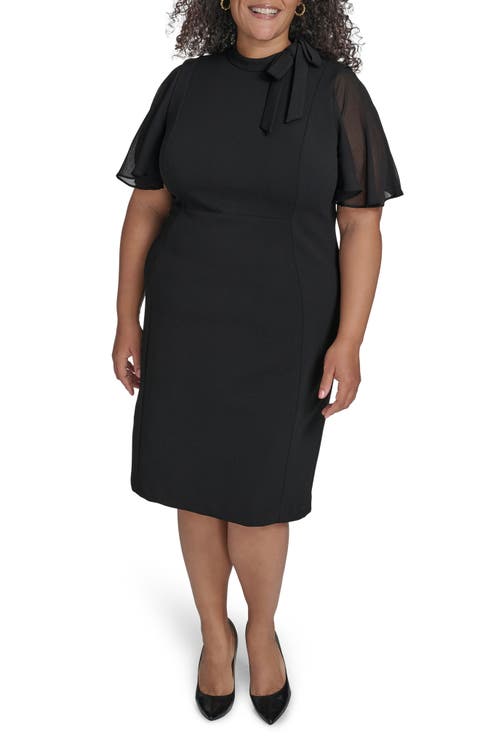 Tie Neck Short Sleeve Crepe Sheath Dress (Plus)