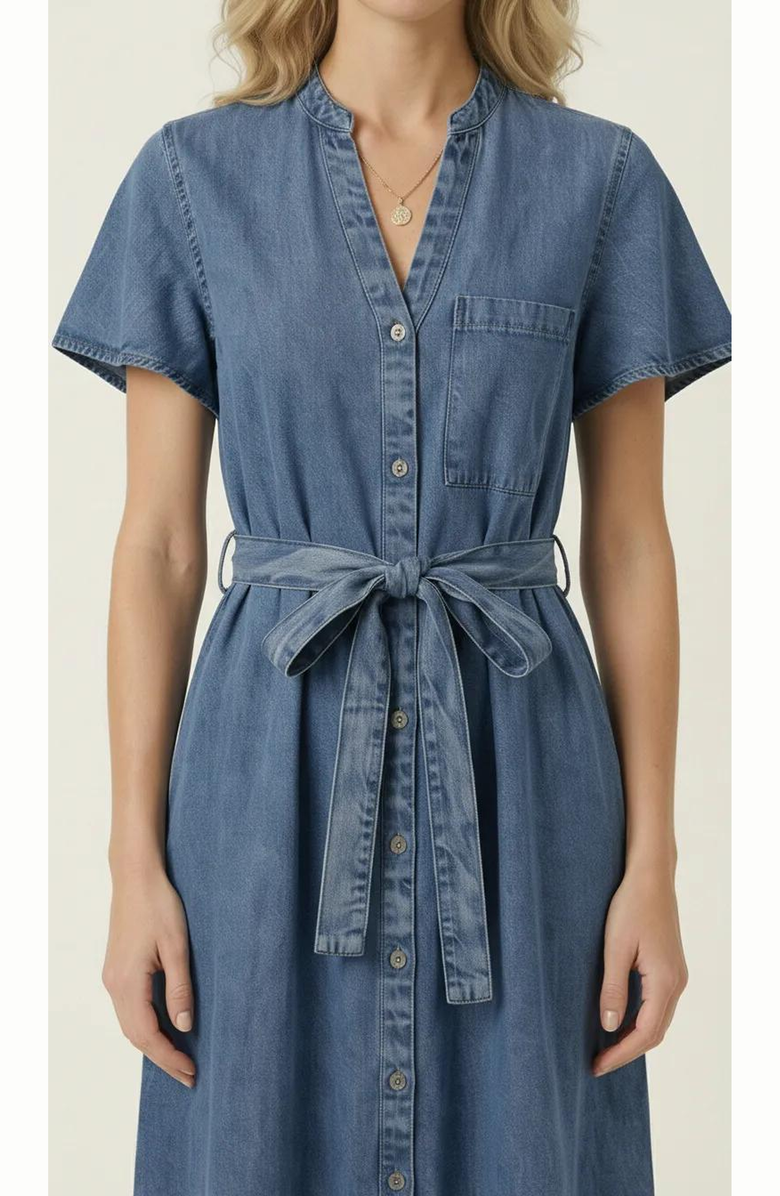 Modenaire Belted Denim Ruffle Hem Dress, Alternate, color, Medium Wash Blue