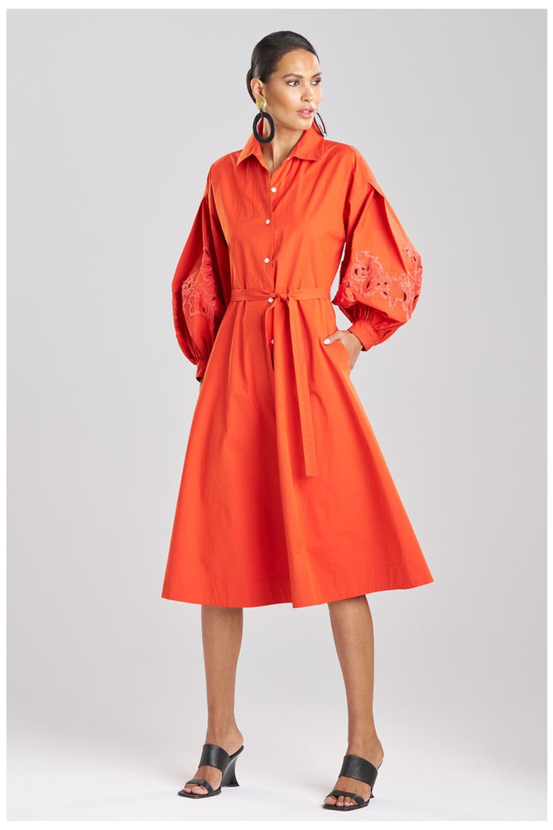 Tech Cotton Taffeta Balloon Sleeve Belted Shirt Dress w/ Embroidery, Main, color, ORANGE