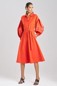 Natori Tech Cotton Taffeta Balloon Sleeve Belted Shirt Dress w/ Embroidery