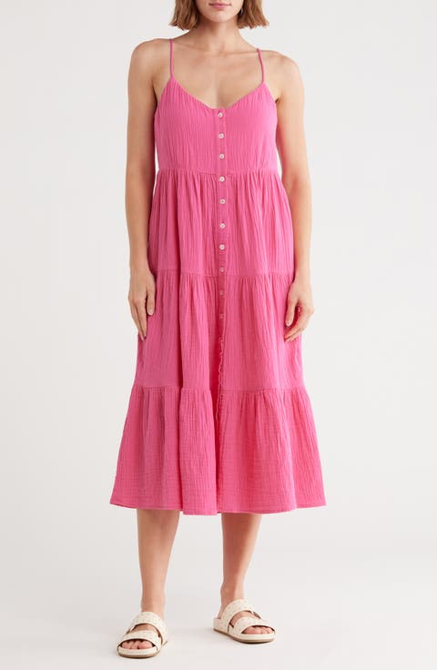 Stella Button Front Cotton Gauze Tiered Dress