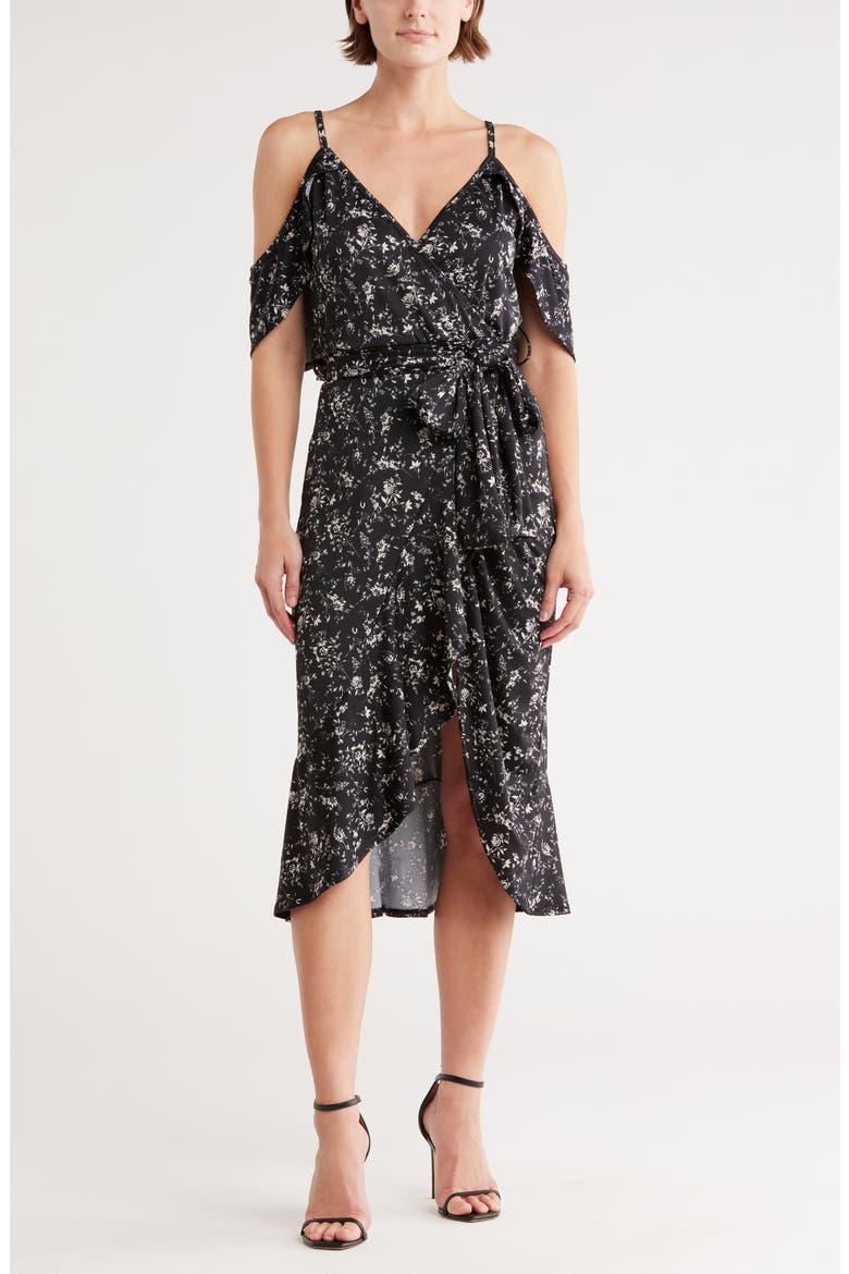 Cold Shoulder Wrap Dress, Main, color, BLACK WHITE LILLIES