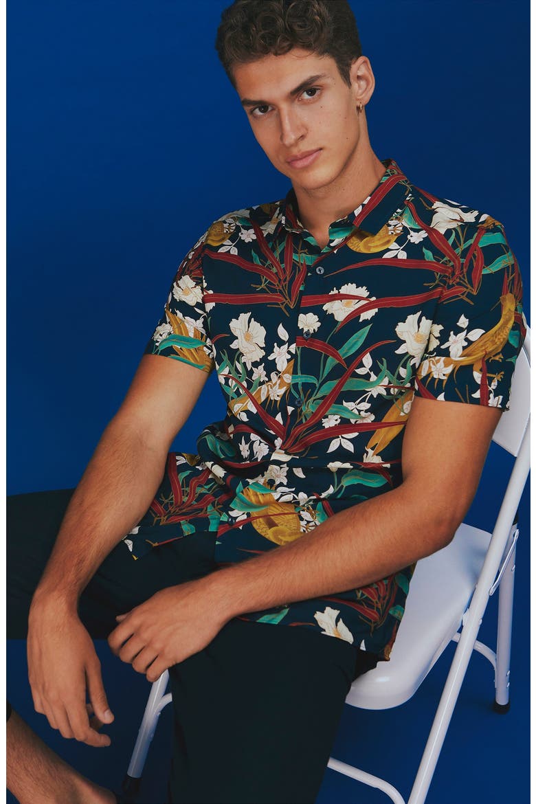 Bird & Floral Print Short Sleeve Button-Up Shirt, Alternate, color, BLACK MULTI