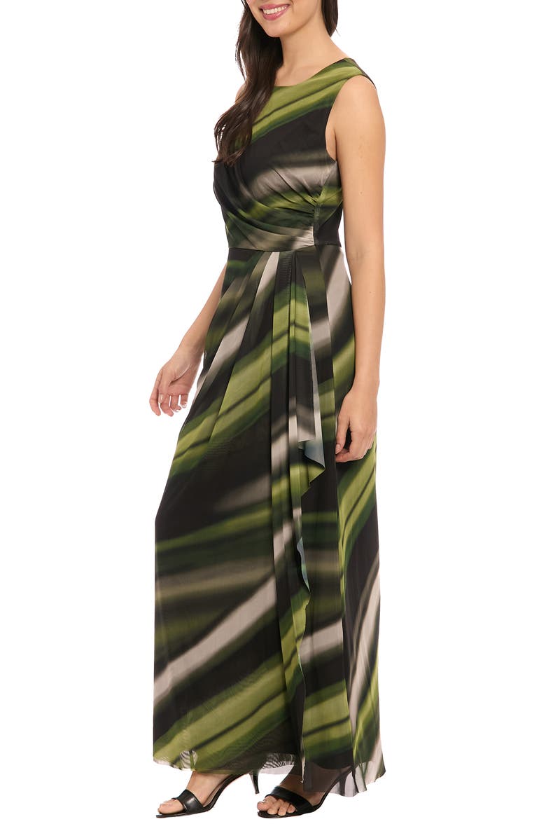 London Times Sleeveless Ruched Mesh Maxi Dress, Alternate, color, Black/ Olive