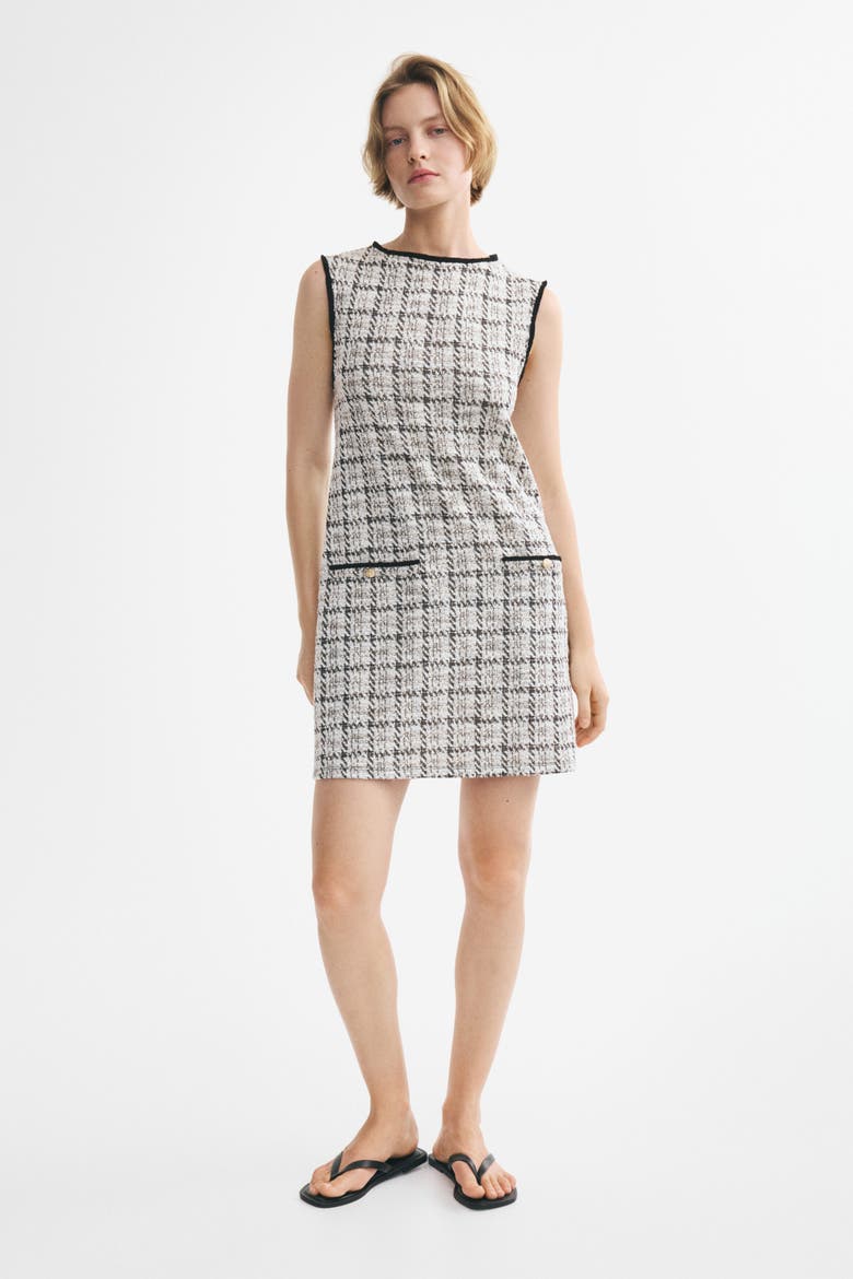 Fringed Bouclé-knit Dress, Alternate, color, Cream/black plaid