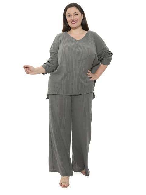Plus Size V Neck Long Sleeve Soft Waffle Knit Top and Pant Set