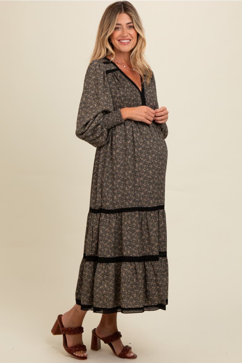 Floral Lace Trim Bubble Sleeve Maxi Dress, Alternate, color, Black