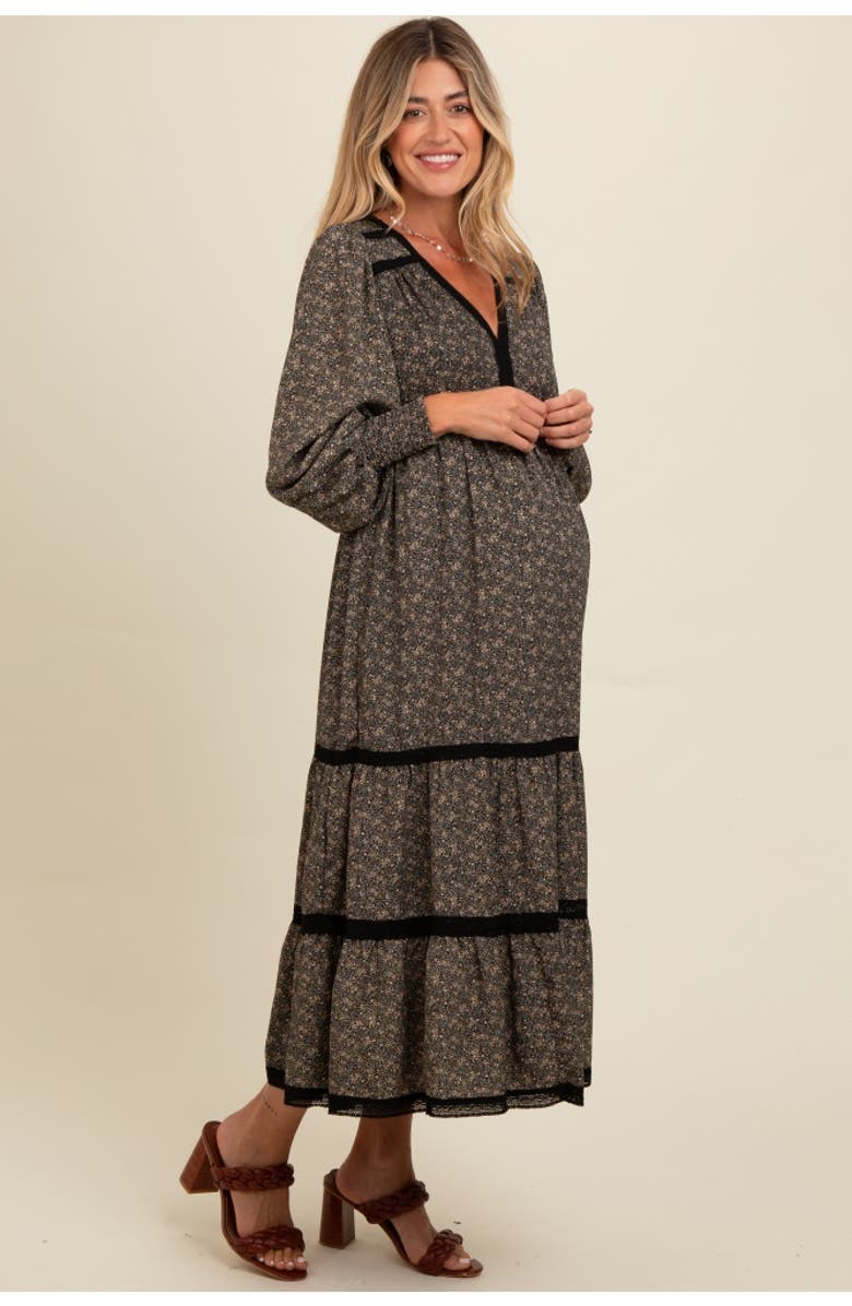 PinkBlush Floral Lace Trim Bubble Sleeve Maxi Dress, Alternate, color, Black