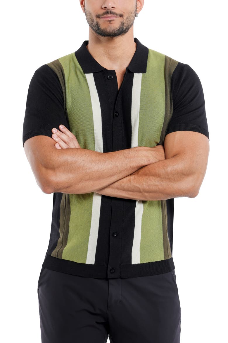 Stripe Short Sleeve Button-Up Polo Sweater, Alternate, color, BLACK/OLIVE