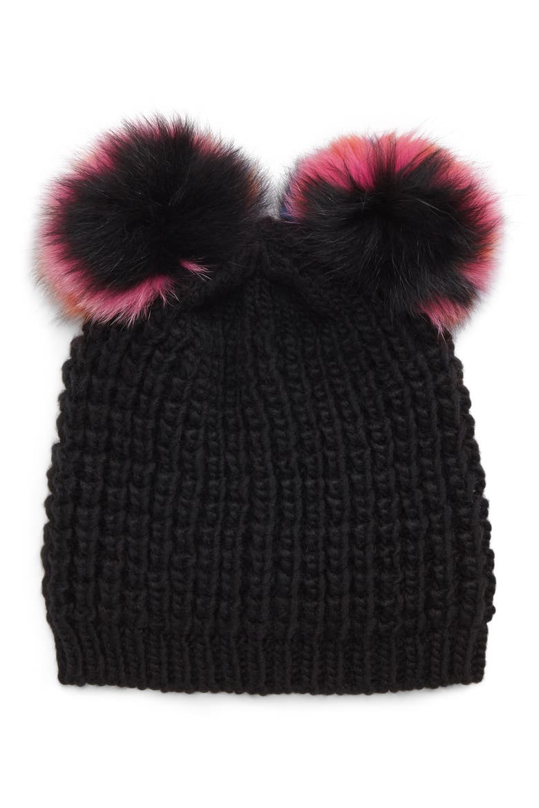 Genuine Fox Fur Pompoms Hat, Main, color, BLACK/ MULTI