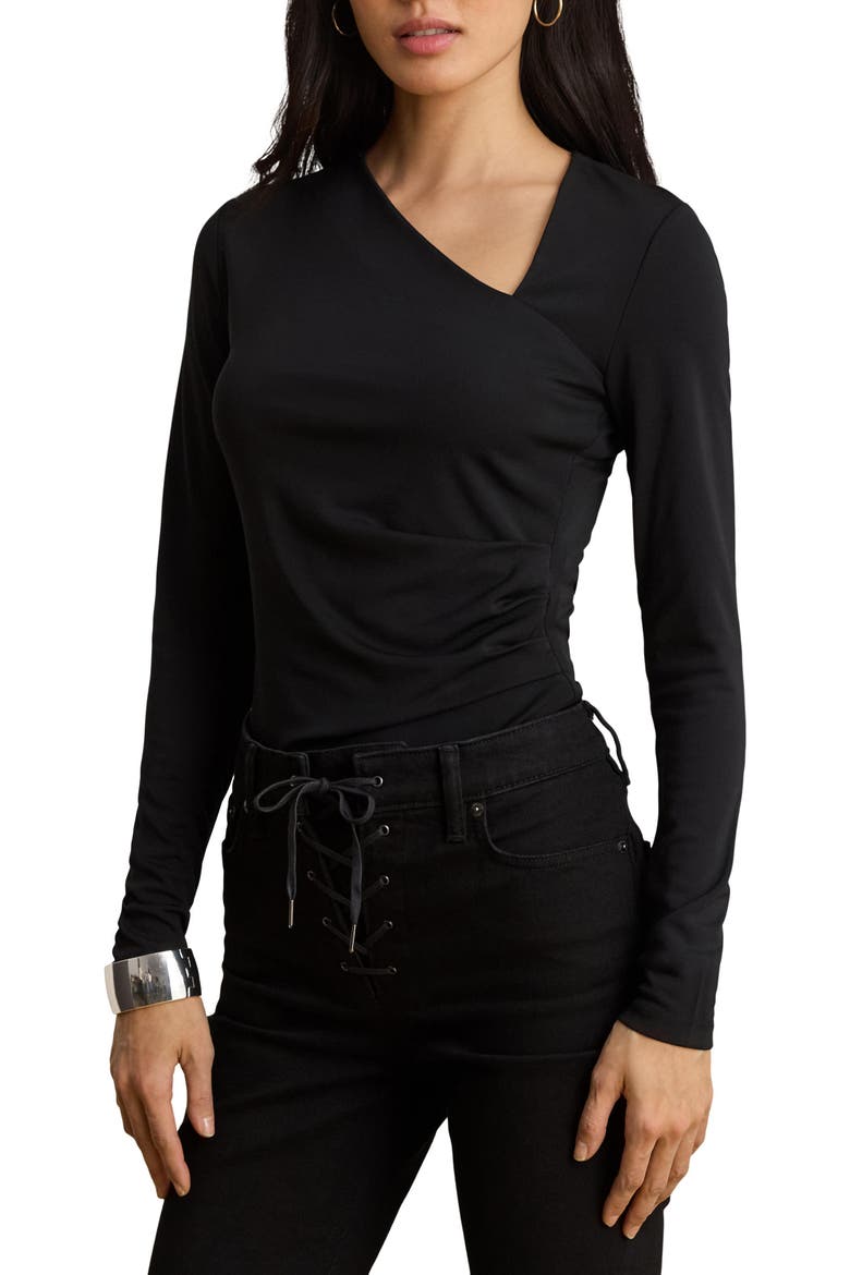 Asymmetric Neck Matte Jersey Top, Main, color, BLACK