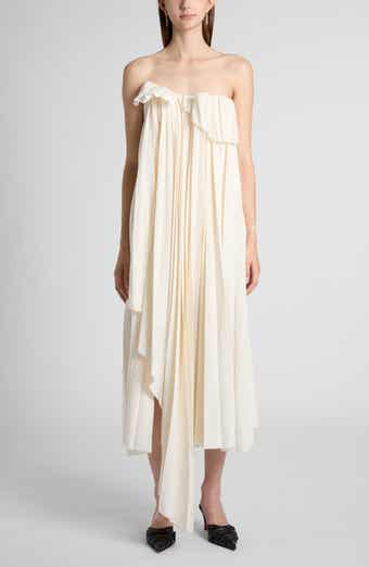 McQueen Strapless Asymmetric Plissé Evening Dress