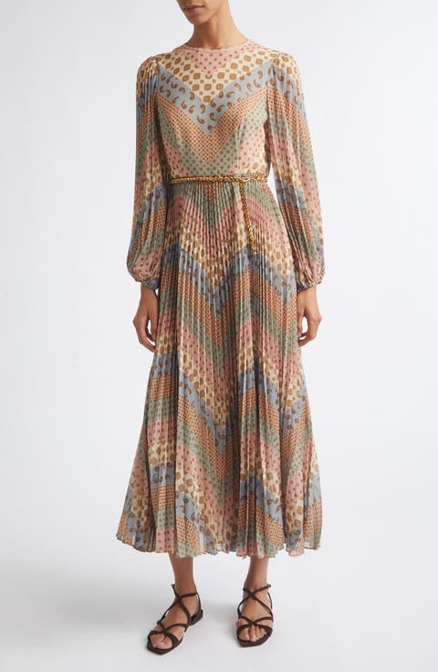 Sunray Chevron Print Long Sleeve Pleated Dress