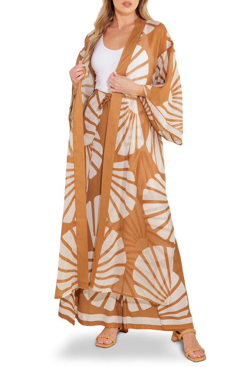 Printed Kimono & Wide Leg Pants Set, Alternate, color, BROWN/ IVORY