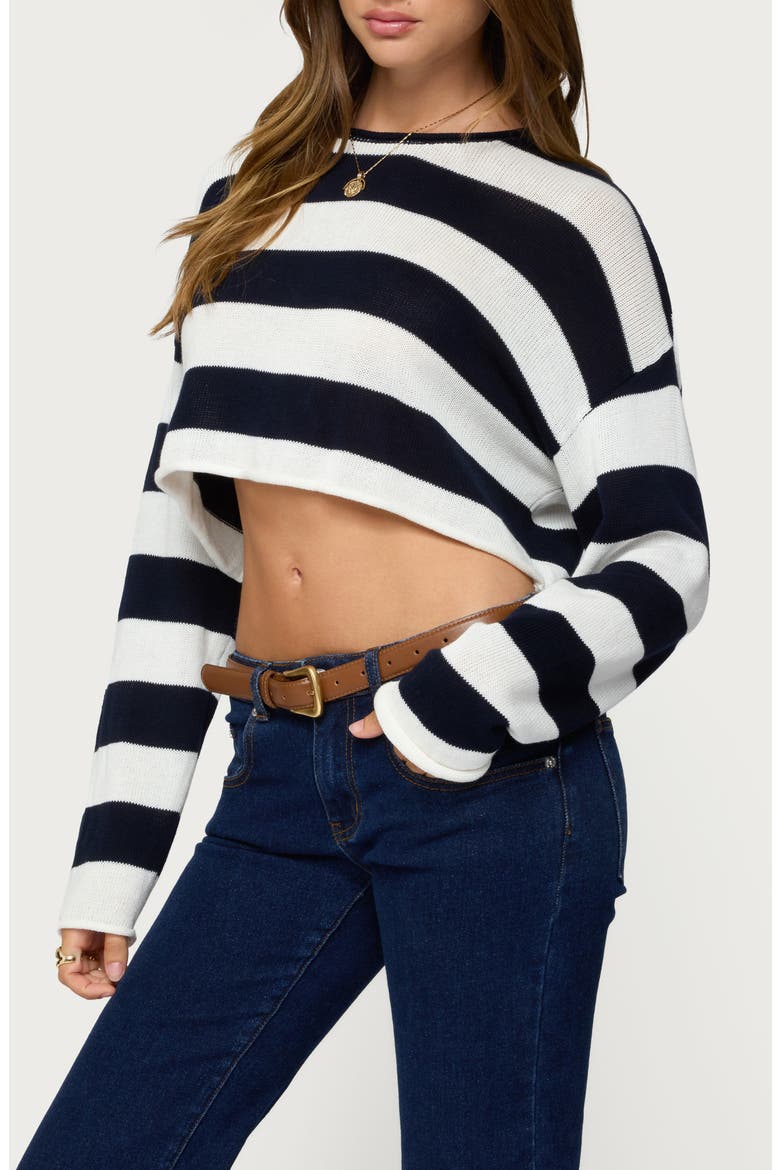 Shyrah Stripe Oversize Knit Crop Top, Alternate, color, NAVY-AND-CREAM