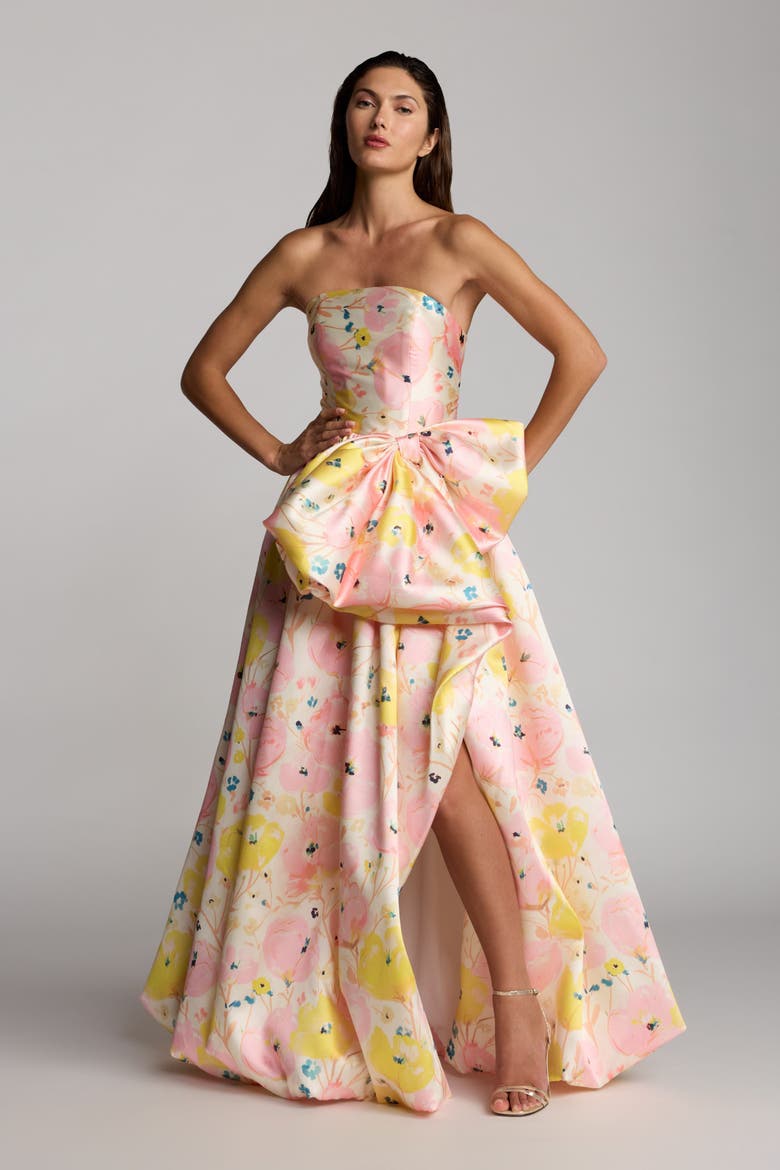 Mikado Strapless Bubble Hem Ballgown With Bow, Alternate, color, Pink Multi