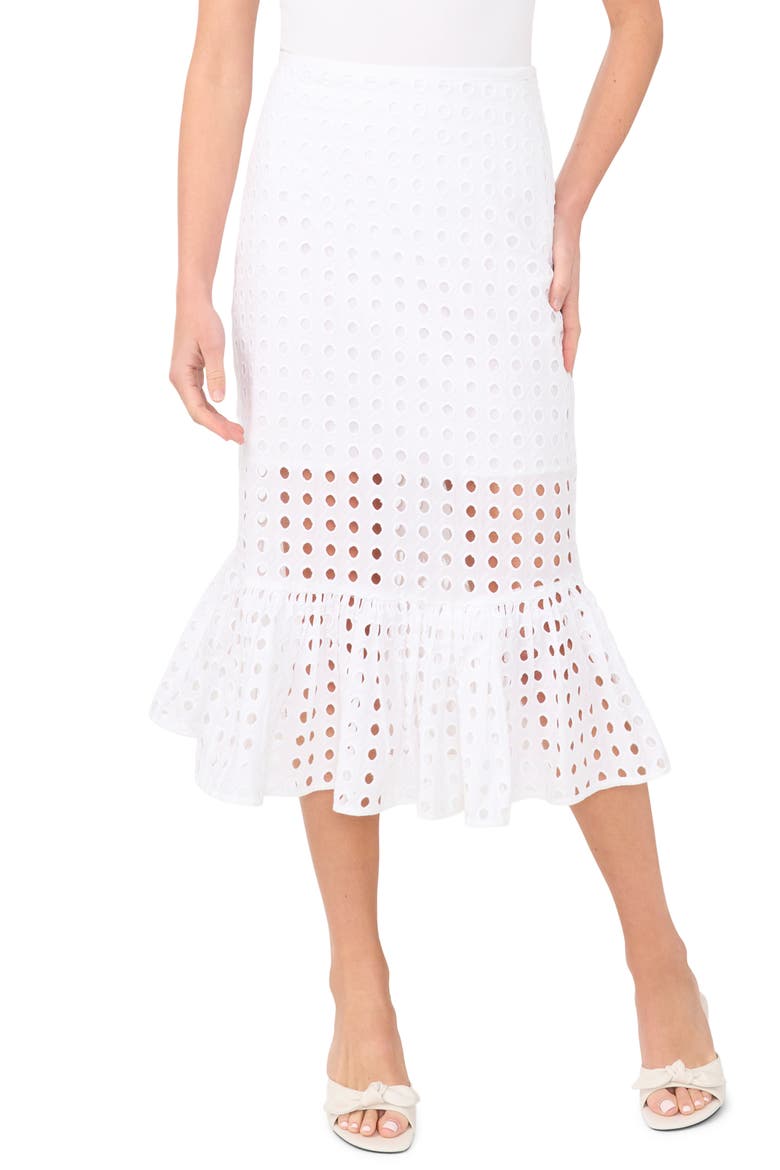 Eyelet Ruffle Hem Cotton Midi Skirt, Main, color, ULTRA WHITE