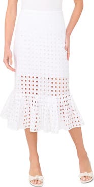CeCe Eyelet Ruffle Hem Cotton Midi Skirt