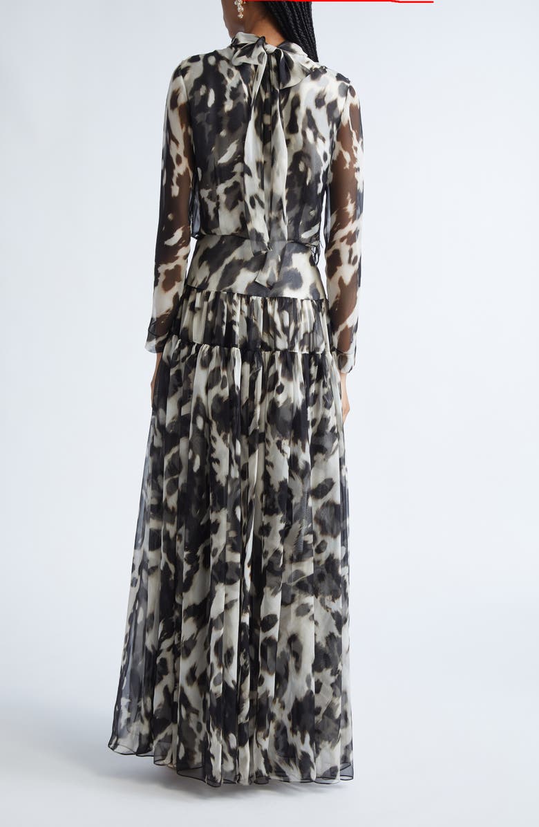 Oscar de la Renta Cow Print Long Sleeve Sheer Silk Dress, Alternate, color, Ecru/ Black