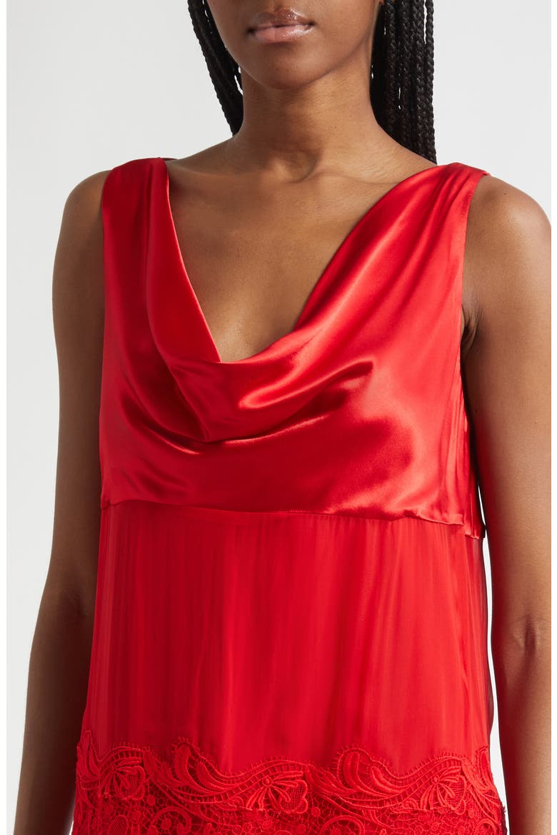 Lace Trim Cowl Neck Satin & Chiffon Shift Dress, Alternate, color, NEW RED