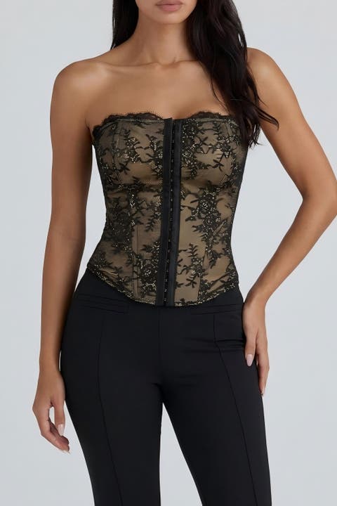 Leopard Lace Faux Denim Detachable Strap Corset Bustier